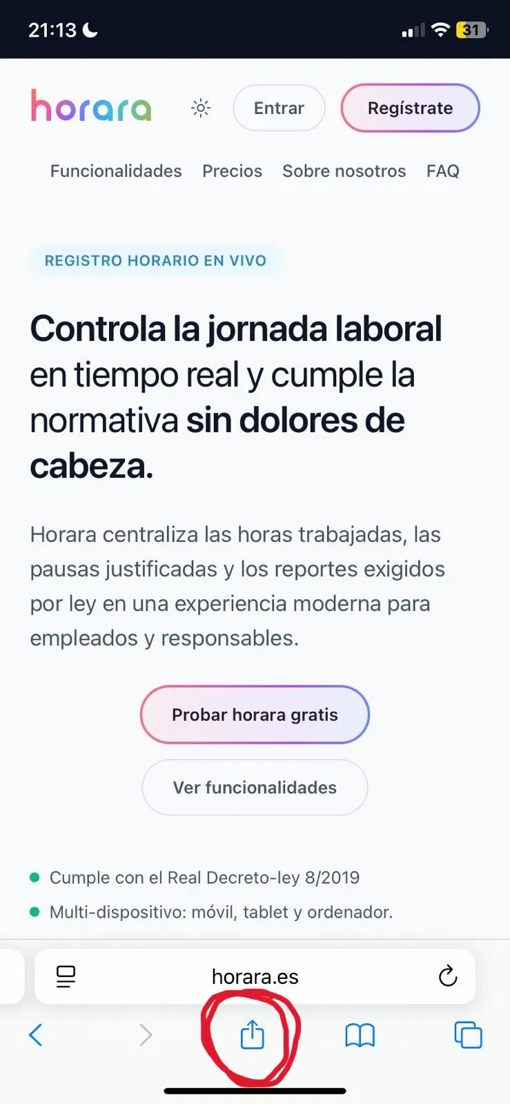 Página de descarga abierta en Safari de iOS.