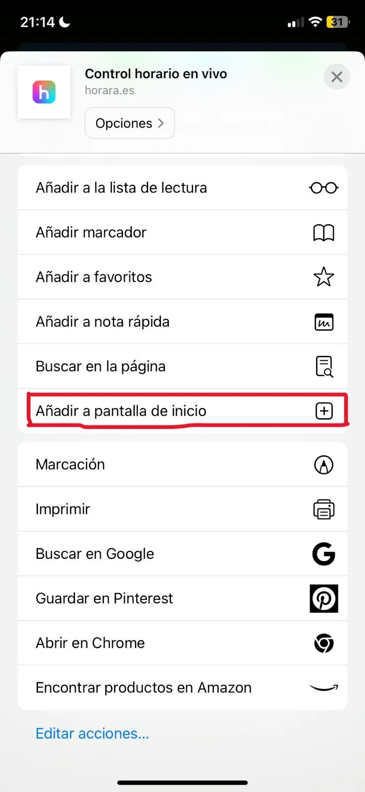 Menú compartir de iOS resaltando la opción Añadir a pantalla de inicio.